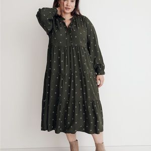 MADEWELL plus size tie-neck tiered green midi dress in stardot